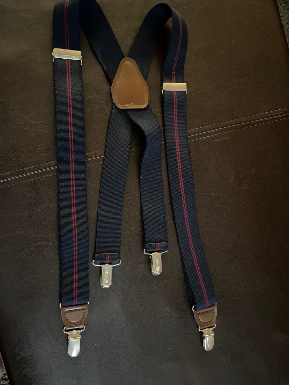 Men's Navy Suspenders with Red Stripe and Brown  Trim